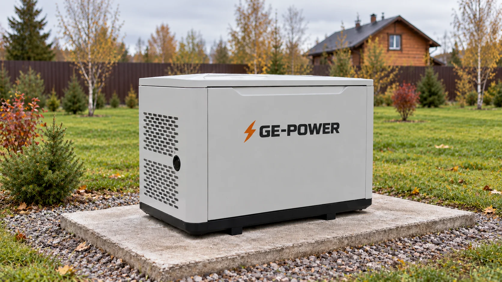 Закрытый генератор GE-POWER на бетонном основании в открытой зоне участка