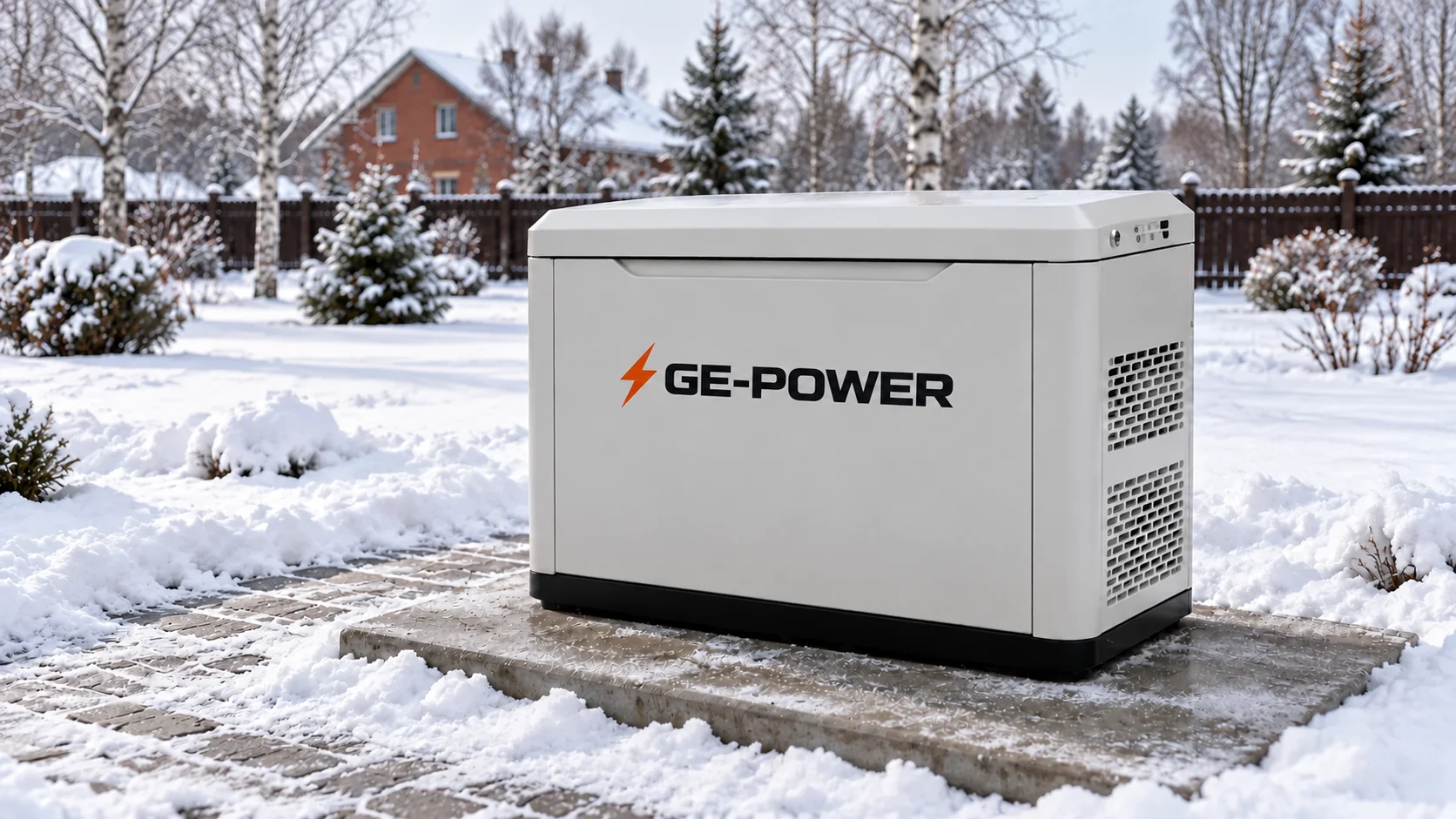 Генератор GE-POWER на очищенной от снега площадке